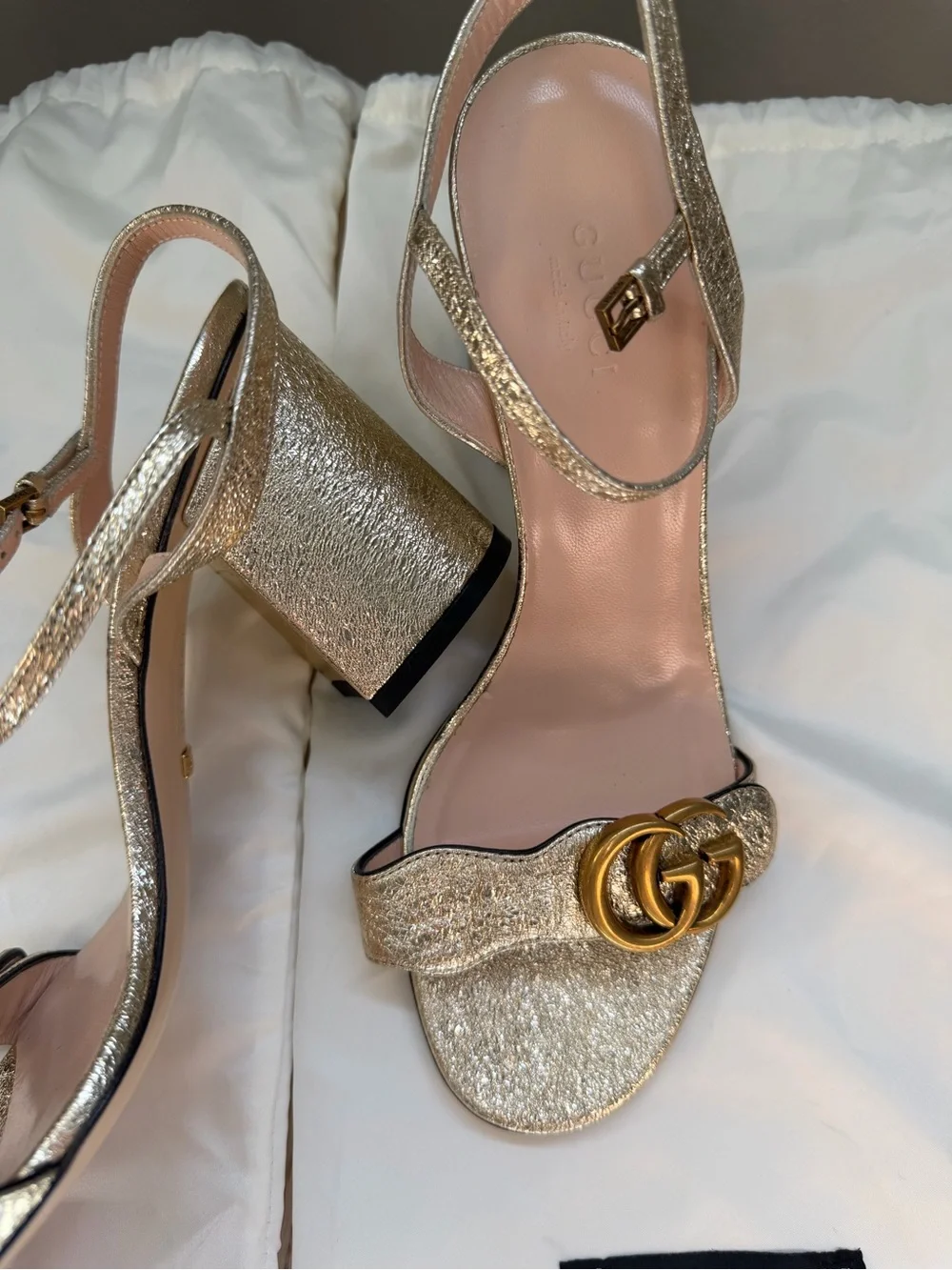 Gucci Gold Glitter Block Heel Sandals